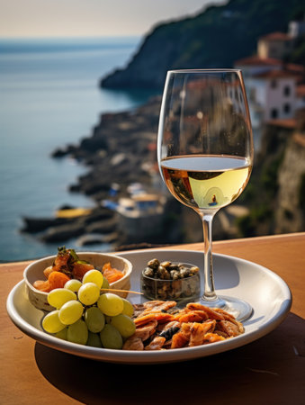 Glass of white wine and plate with appetizers on terrace near the sea in Italyの素材