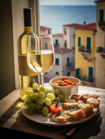 Bottle of white wine, cheese, grapes and baguette on the tableの素材