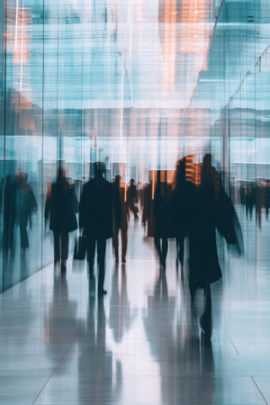 abstract image of people walking in the corridor of a modern office buildingの素材