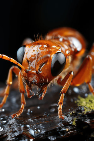 Macro shot of an orange ant with water droplets on it.の素材