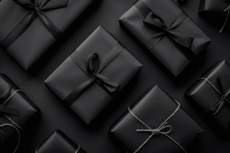 top view of black gift boxes with black ribbons on black backgroundの素材