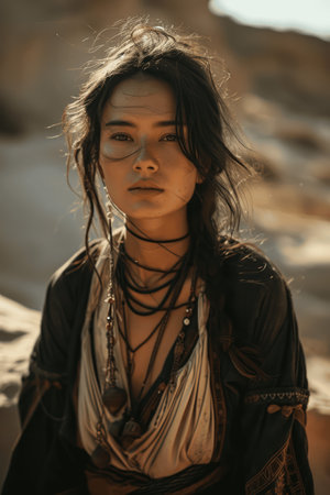 Portrait of a beautiful young woman in the desert. Boho style.の素材