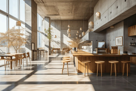 Interior of modern cafe with white walls, tiled floor, wooden and wooden countertops and bar with stools. 3d renderingの素材