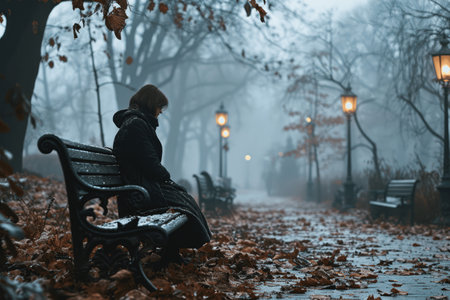 Sad woman sitting on a bench in the park at foggy dayの素材