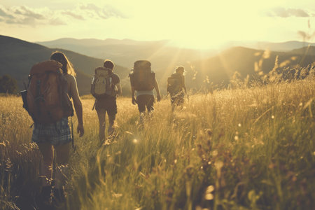 Group of hikers walking in the mountains at sunset. Backpackers with backpacksの素材