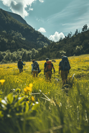 Group of hikers with backpacks hiking in the mountains. Hiking concept.の素材