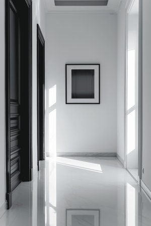 interior of modern empty room with white walls, tiled floor, black frames and sunlight from the windowの素材