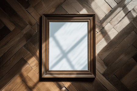 Wooden picture frame on the wooden floor with shadow from the windowの素材