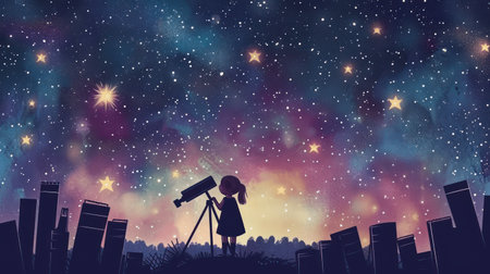 Silhouette of a child looking through a telescope in the starry skyの素材