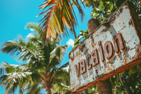 Wooden signboard on the beach with palm trees and blue skyの素材