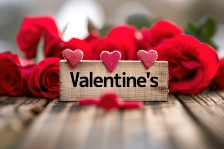 Valentine's day background with red roses on a wooden tableの素材