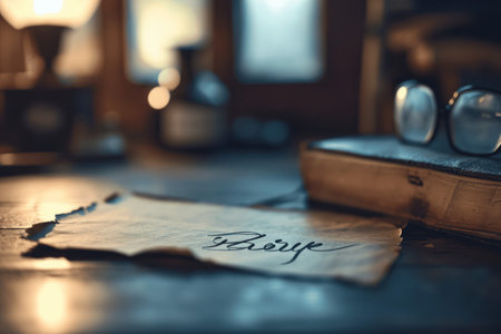 Old book, eyeglasses and pen on a wooden table.の素材