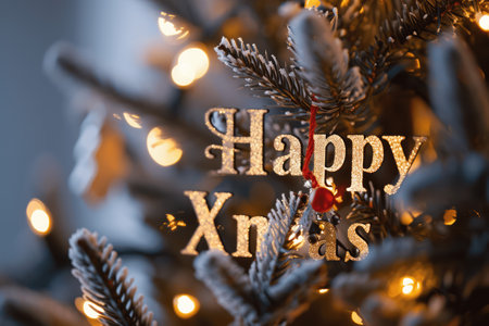 Happy X'mas text on christmas tree with bokeh lightsの素材