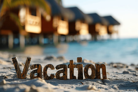 Vacation word made of wooden letters on the beach in Maldivesの素材