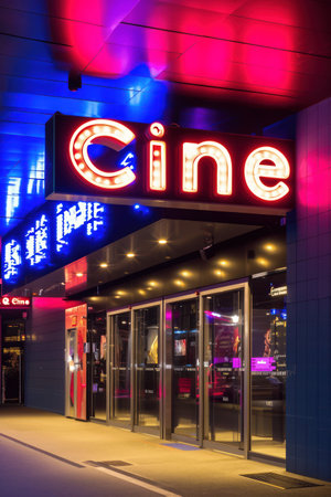 Cinerama store at night. Cinerama is a chain of hamburger fast food restaurants.の素材