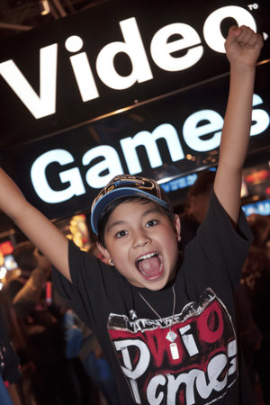 Unidentified Thai boy in black t-shirt and baseball cap rejoices at the opening of the new year festival.の素材