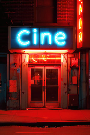 Cinema neon sign on a street in New York City.の素材