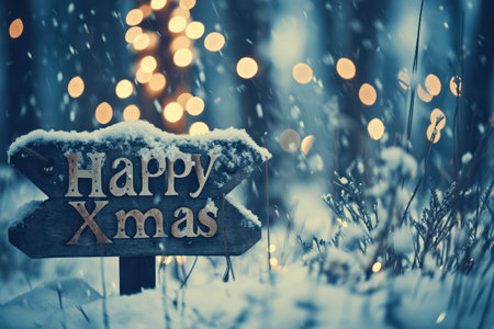 Happy Xmas text on wooden sign in winter forest with snowfall.の素材