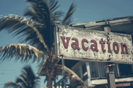 Vacation sign on the beach in Thailand. Vintage style.の素材