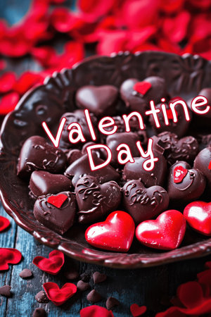 Valentine's day chocolate candies on a dark wooden backgroundの素材