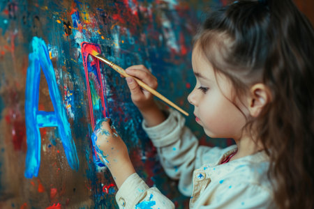 Little Girl Painting Colorful Images on a White Wall in a Bright Roomの素材