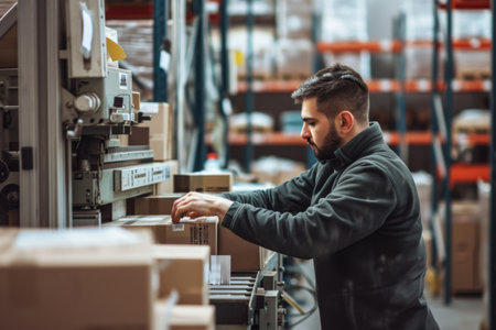 Man Operating Machine in Warehouse for Productive Workの素材