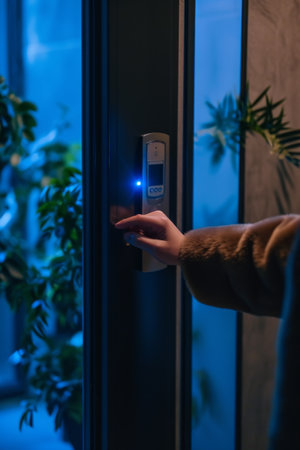 Person Holding Door Handle With Light, Illuminating Pathway Entranceの素材