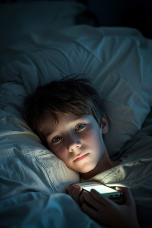 Young Boy Laying in Bed With Cell Phone, Daily Life of a Modern Childの素材