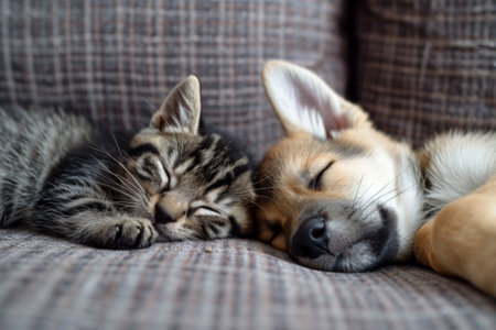 Dog and Cat Sleeping Together on Couch in Heartwarming Display of Friendshipの素材