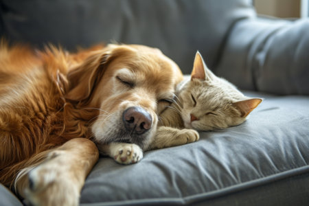 Dog and Cat Sleeping Together on Couchの素材