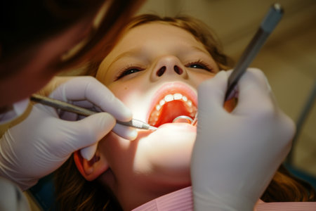 Young Girl Getting Her Teeth Checked by a Dentistの素材