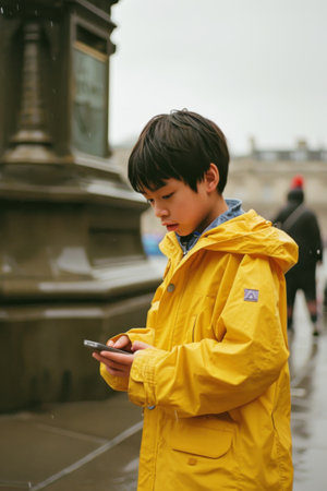 Young Boy in Yellow Raincoat Engrossed in Cell Phoneの素材