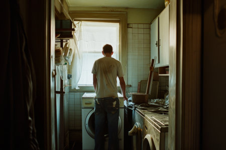 Man standing in front of the washing machine in the bathroom at homeの素材