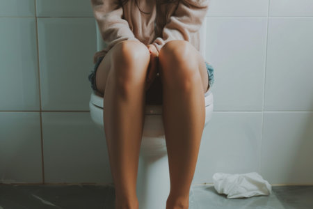 Woman Sitting on a Toilet in a Bathroomの素材