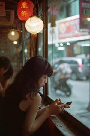 Woman Sitting at Window With Cigarette in Handの素材