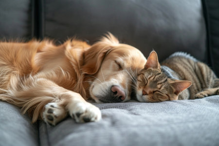 Dog and Cat Sleeping on Couch, Peaceful Coexistence Pictureの素材