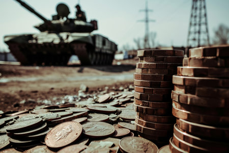 Pile of Coins Beside Tank, Wealth and Security in Close Proximityの素材