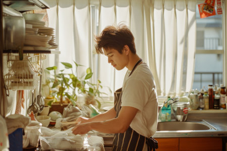 young asian man in apron washing dirty dishes in the kitchenの素材