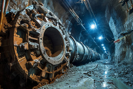 Large Metal Pipe in Tunnel, Industrial Conduit Through Underground Passageの素材