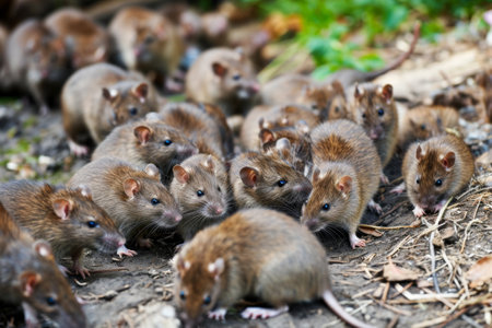 Large Group of Brown Mice on the Ground, A Gathering of Rodents in Natural Habitatの素材