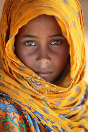 Woman in Yellow Scarf and Head Scarf Poses for a Photoの素材