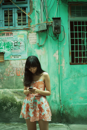 Woman Standing in Front of Green Building, Looking at Cell Phoneの素材