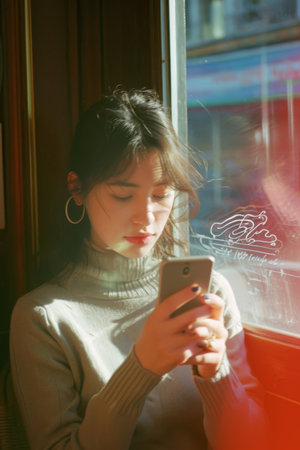 Woman Using Cell Phone in Front of Windowの素材