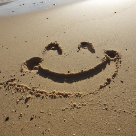 Smiley Face Drawn in Sand on Beachの素材