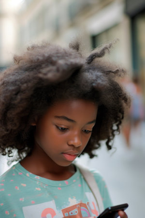 Young Girl Engrossed in Cell Phone, Captivated by Digital Worldの素材