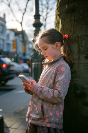 Little Girl Standing Next to Tree Using Cell Phoneの素材