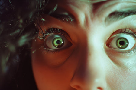 Close-up portrait of a beautiful young woman with green eyes.の素材