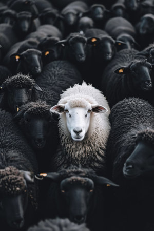 Flock of sheep on a farm. Selective focus. Shallow depth of fieldの素材