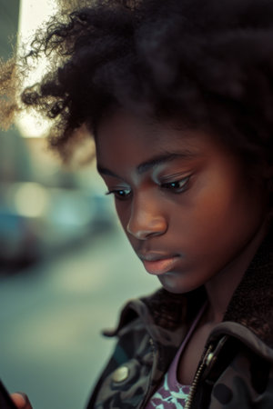 Young Girl Engrossed in Cell Phone, Absorbed in Technologyの素材