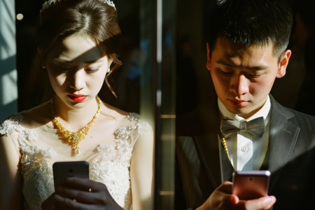 Man and Woman Engaged With Cell Phones, Technology in Focusの素材